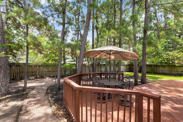 34 Sweetdream Pl, The Woodlands, TX 77381 - deck with a fenced backyard and outdoor dining area