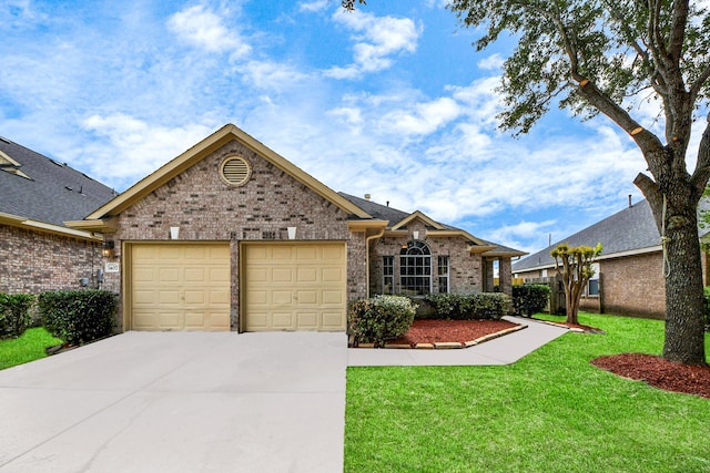 7407 Rustic Chase Dr, Richmond, TX 77407 - view of front of property featuring a garage, brick siding, concrete driveway, and a front lawn