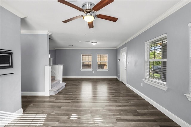 3217 Michigan St, Baytown, TX 77520 - unfurnished living room with stairway, crown molding, wood finished floors, and a ceiling fan