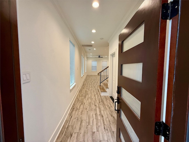 6635 Tc Jester Blvd Unit A, Houston, TX 77007 - hallway featuring crown molding, light wood-style floors, and recessed lighting