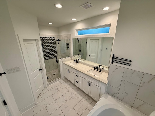 6635 Tc Jester Blvd Unit A, Houston, TX 77007 - full bathroom with marble finish floors, a stall shower, recessed lighting, double vanity, and a tub to relax in