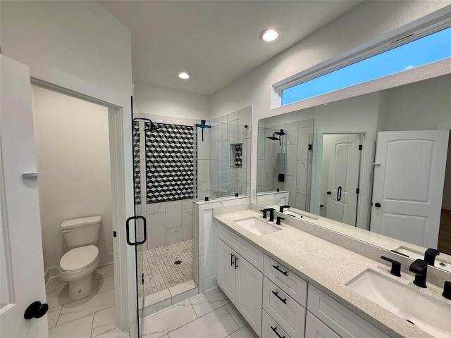 6635 Tc Jester Blvd Unit A, Houston, TX 77007 - bathroom with a stall shower, double vanity, marble finish flooring, and recessed lighting