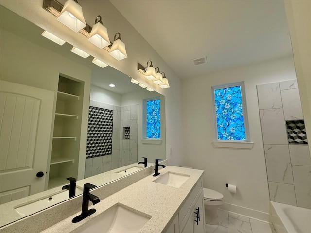 6635 Tc Jester Blvd Unit A, Houston, TX 77007 - bathroom featuring marble look tile flooring, double vanity, and shower / tub combination