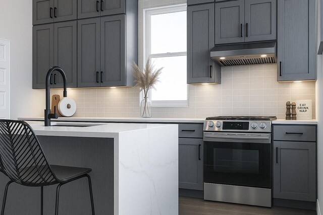 817 Thornton Rd Unit G, Houston, TX 77018 - kitchen with stainless steel range oven, custom range hood, light countertops, gray cabinetry, and dark wood-style floors