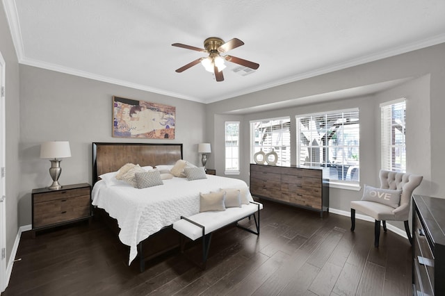 35 S Floral Leaf Cir, The Woodlands, TX 77381 - bedroom featuring dark wood finished floors, ornamental molding, multiple windows, and ceiling fan