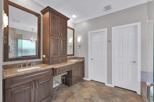 35 S Floral Leaf Cir, The Woodlands, TX 77381 - full bathroom featuring double vanity, a chandelier, crown molding, and stone finish flooring