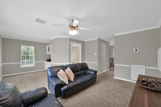 35 S Floral Leaf Cir, The Woodlands, TX 77381 - living area featuring carpet floors, attic access, ceiling fan, and crown molding