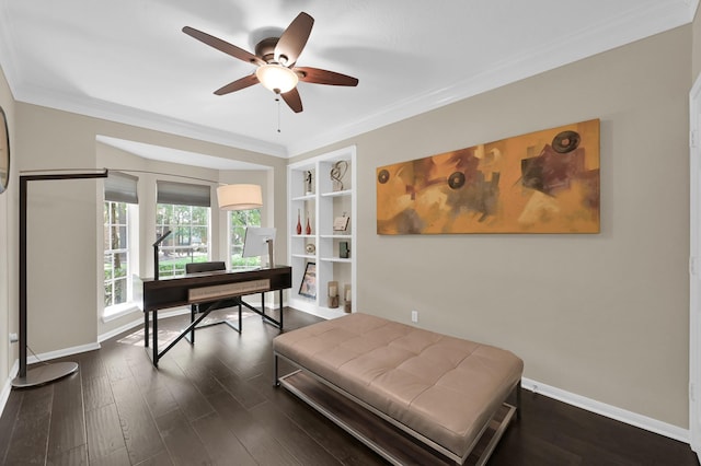 35 S Floral Leaf Cir, The Woodlands, TX 77381 - home office with a ceiling fan, dark wood finished floors, crown molding, and built in shelves