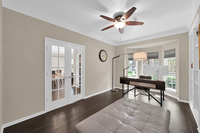 35 S Floral Leaf Cir, The Woodlands, TX 77381 - office area featuring french doors, a ceiling fan, hardwood / wood-style floors, and ornamental molding