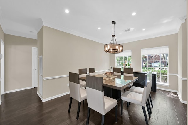 35 S Floral Leaf Cir, The Woodlands, TX 77381 - dining area with dark wood-type flooring, ornamental molding, recessed lighting, and a chandelier