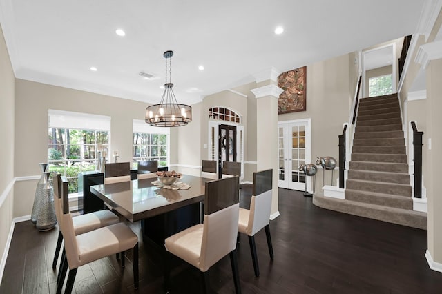 35 S Floral Leaf Cir, The Woodlands, TX 77381 - dining area featuring dark wood-style flooring, a chandelier, recessed lighting, stairway, and french doors