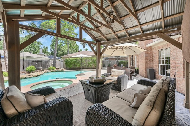 35 S Floral Leaf Cir, The Woodlands, TX 77381 - view of pool featuring an outdoor hangout area, a fenced backyard, a pool with connected hot tub, a patio area, and a gazebo