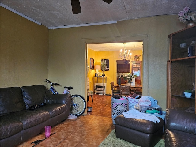 6504 Ave J, Houston, TX 77011 - living room featuring a chandelier and ceiling fan