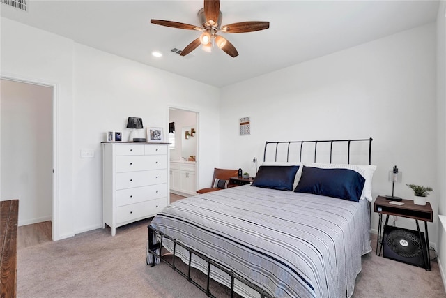 23823 Escardilla Ln, Hockley, TX 77447 - bedroom featuring light carpet, ensuite bathroom, ceiling fan, and recessed lighting