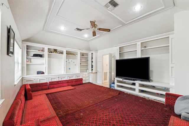 14907 Alderwick Dr, Sugar Land, TX 77498 - living room featuring ceiling fan, lofted ceiling, and recessed lighting