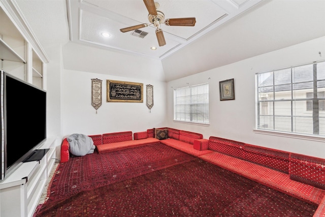 14907 Alderwick Dr, Sugar Land, TX 77498 - living area featuring carpet, a ceiling fan, recessed lighting, and vaulted ceiling