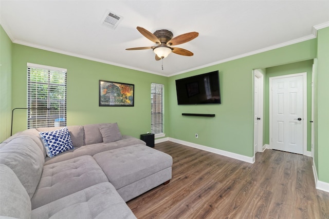 3 Whistlers Walk Pl, The Woodlands, TX 77381 - living room with crown molding, wood finished floors, and a ceiling fan