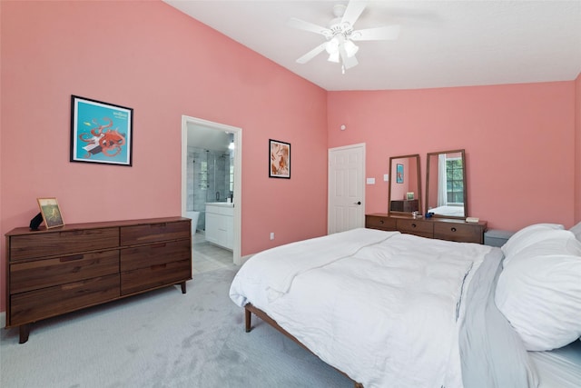 3 Whistlers Walk Pl, The Woodlands, TX 77381 - bedroom with light carpet, connected bathroom, ceiling fan, and high vaulted ceiling