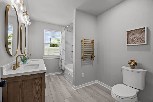 5709 David St, Dickinson, TX 77539 - full bath with wood finished floors, double vanity, radiator heating unit, and shower / bath combination with curtain