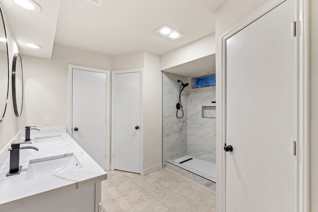 12135 Quail Creek Dr, Houston, TX 77070 - full bathroom featuring a walk in shower, double vanity, recessed lighting, and tile patterned flooring