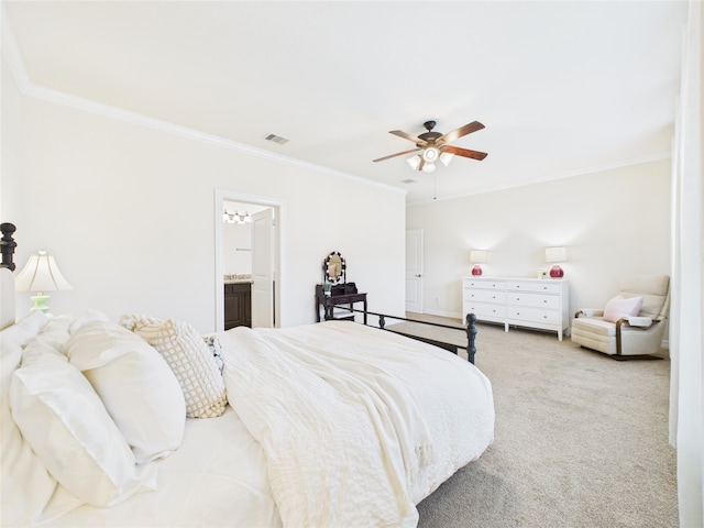 22 Tassia Ln, Pasadena, TX 77058 - carpeted bedroom with crown molding, a ceiling fan, a chandelier, and ensuite bath