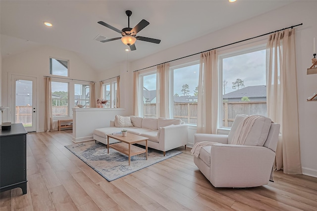 16819 Chapel Knox Dr, Humble, TX 77346 - living area featuring ceiling fan, light wood-type flooring, vaulted ceiling, and recessed lighting