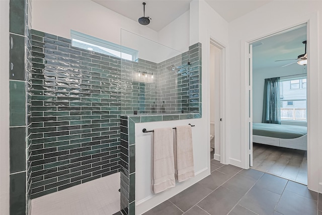 16819 Chapel Knox Dr, Humble, TX 77346 - bathroom featuring a walk in shower, a ceiling fan, tile patterned flooring, and connected bathroom