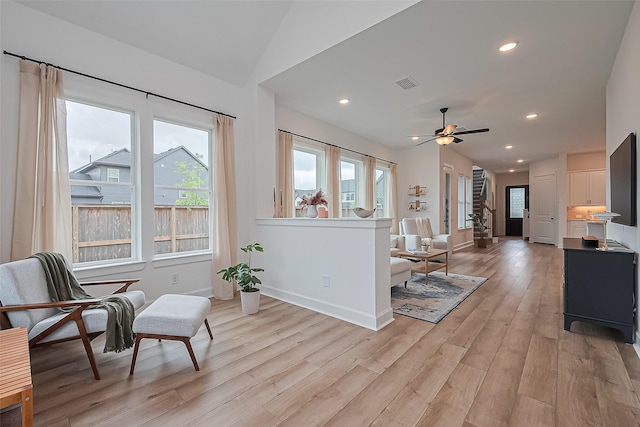 16819 Chapel Knox Dr, Humble, TX 77346 - sitting room with light wood-type flooring, recessed lighting, ceiling fan, and lofted ceiling