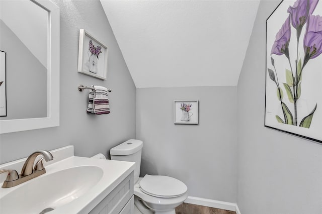 561 N Royale Greens Dr, Coldspring, TX 77331 - half bathroom with vaulted ceiling, vanity, and wood finished floors