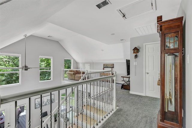 561 N Royale Greens Dr, Coldspring, TX 77331 - hallway with carpet flooring, attic access, and lofted ceiling