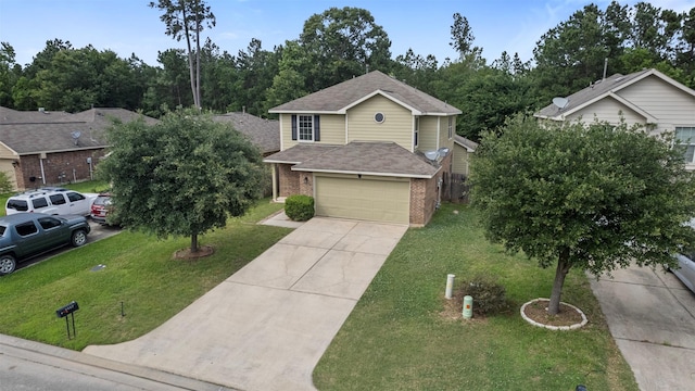 9987 Sterling Place Dr, Conroe, TX 77303 - view of front facade featuring brick siding, concrete driveway, roof with shingles, a front yard, and an attached garage