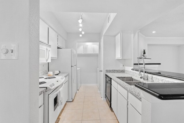 2800 Jeanetta St Unit 2502, Houston, TX 77063 - kitchen featuring white appliances, white cabinets, light tile patterned flooring, ornamental molding, and a peninsula