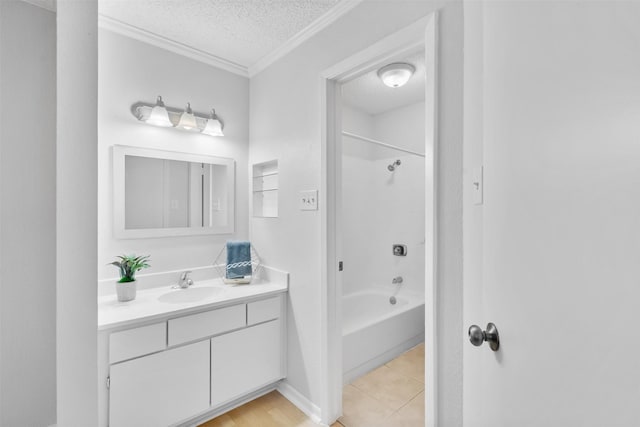 2800 Jeanetta St Unit 2502, Houston, TX 77063 - bathroom featuring a textured ceiling, vanity, ornamental molding, shower / bathtub combination, and tile patterned floors