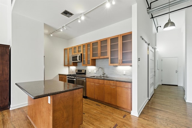 915 Franklin St Unit 2I, Houston, TX 77002 - kitchen featuring stainless steel appliances, a barn door, brown cabinets, light wood finished floors, and rail lighting