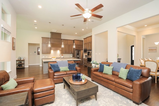 8511 Tynan Ridge Dr, Magnolia, TX 77354 - living area with dark wood-style floors, ceiling fan, and recessed lighting