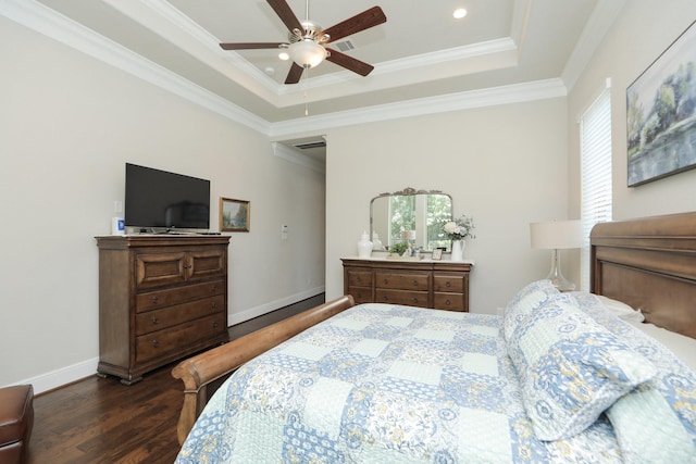 8511 Tynan Ridge Dr, Magnolia, TX 77354 - bedroom featuring dark wood-style floors, a tray ceiling, crown molding, ceiling fan, and recessed lighting