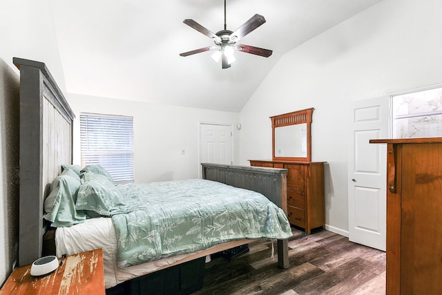 12223 Paddock Way, Houston, TX 77065 - bedroom with dark wood-style floors, high vaulted ceiling, and a ceiling fan