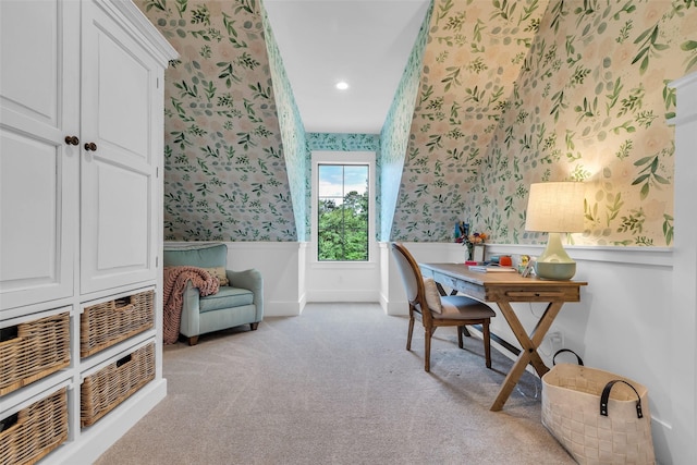 37732 Marias Way, Magnolia, TX 77354 - home office with wallpapered walls, wainscoting, light colored carpet, and recessed lighting