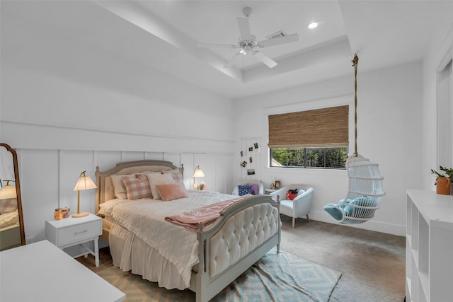37732 Marias Way, Magnolia, TX 77354 - bedroom featuring dark colored carpet, a tray ceiling, ceiling fan, and recessed lighting