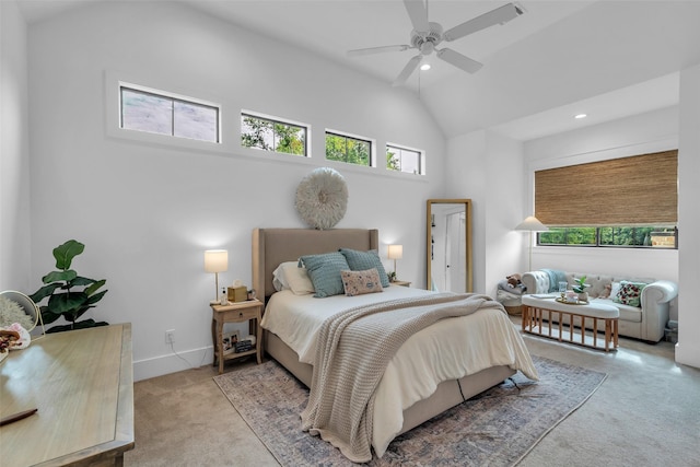37732 Marias Way, Magnolia, TX 77354 - bedroom with carpet, high vaulted ceiling, recessed lighting, and a ceiling fan