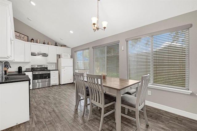 3018 Windy Royal Dr, Houston, TX 77045 - dining space featuring vaulted ceiling, a chandelier, dark wood-style flooring, and recessed lighting