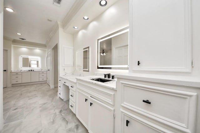 1743 Randons Point Dr, Sugar Land, TX 77478 - full bath with marble look tile flooring, two vanities, crown molding, and recessed lighting