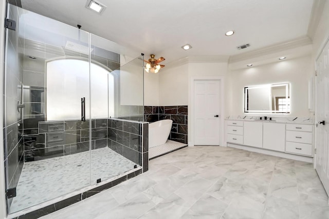 1743 Randons Point Dr, Sugar Land, TX 77478 - full bathroom with vanity, a shower stall, a freestanding tub, crown molding, and tile walls