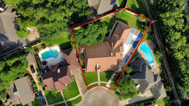 1743 Randons Point Dr, Sugar Land, TX 77478 - aerial overview of property's location with a pool and property boundaries highlighted