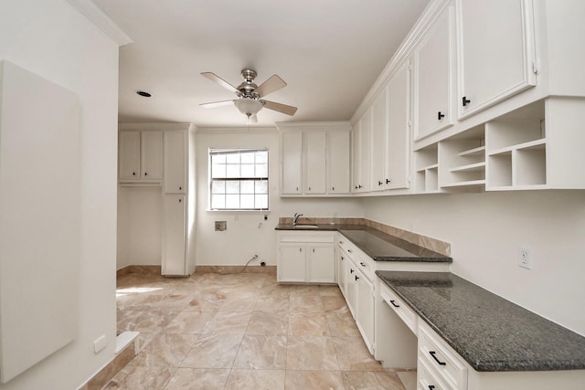 1743 Randons Point Dr, Sugar Land, TX 77478 - kitchen featuring a ceiling fan, white cabinetry, open shelves, and dark stone countertops