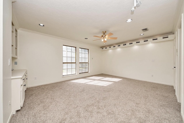 1743 Randons Point Dr, Sugar Land, TX 77478 - unfurnished living room with ceiling fan, light carpet, recessed lighting, and ornamental molding