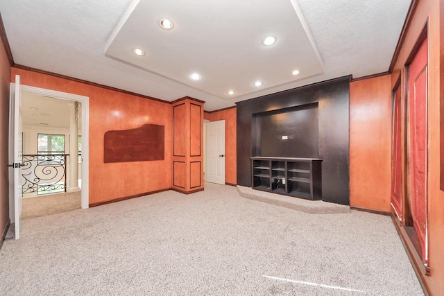 1743 Randons Point Dr, Sugar Land, TX 77478 - unfurnished living room with light carpet, recessed lighting, a raised ceiling, and a textured ceiling