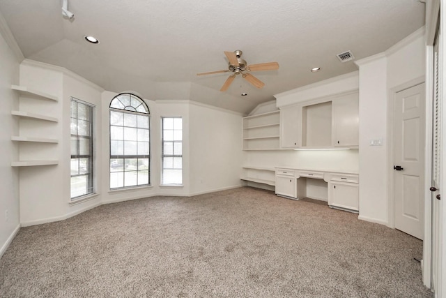 1743 Randons Point Dr, Sugar Land, TX 77478 - unfurnished office featuring built in desk, a ceiling fan, light colored carpet, recessed lighting, and vaulted ceiling