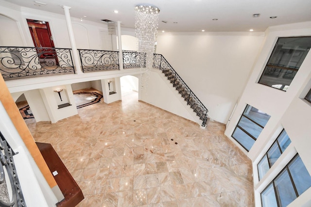 1743 Randons Point Dr, Sugar Land, TX 77478 - interior space with recessed lighting, light marble finish floors, and ornamental molding