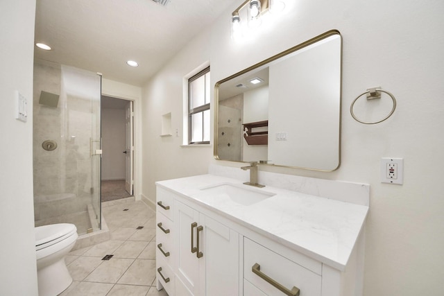1743 Randons Point Dr, Sugar Land, TX 77478 - bathroom with a stall shower, vanity, tile patterned floors, and recessed lighting